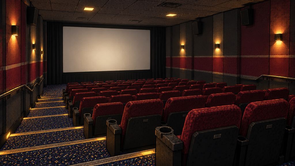 Concept art: rows of red seats facing a big screen, with lit stair edges and wall sconces