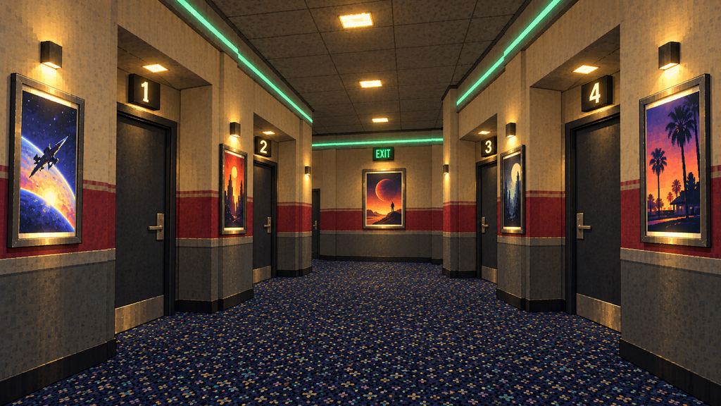 Concept art: a carpeted corridor of numbered auditorium doors with framed posters