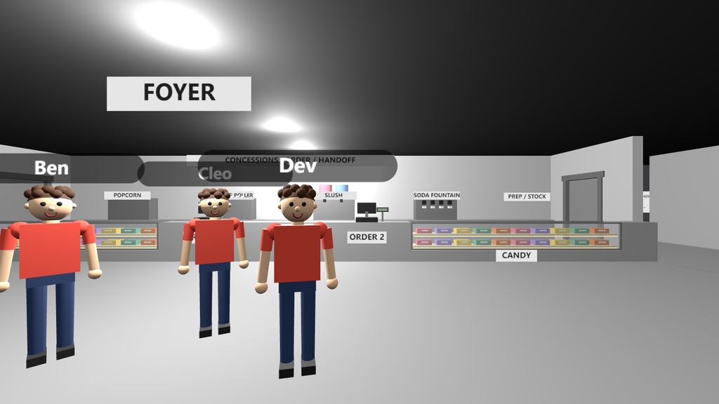Game screenshot: three friends with name tags standing in the lobby in front of the concession counter