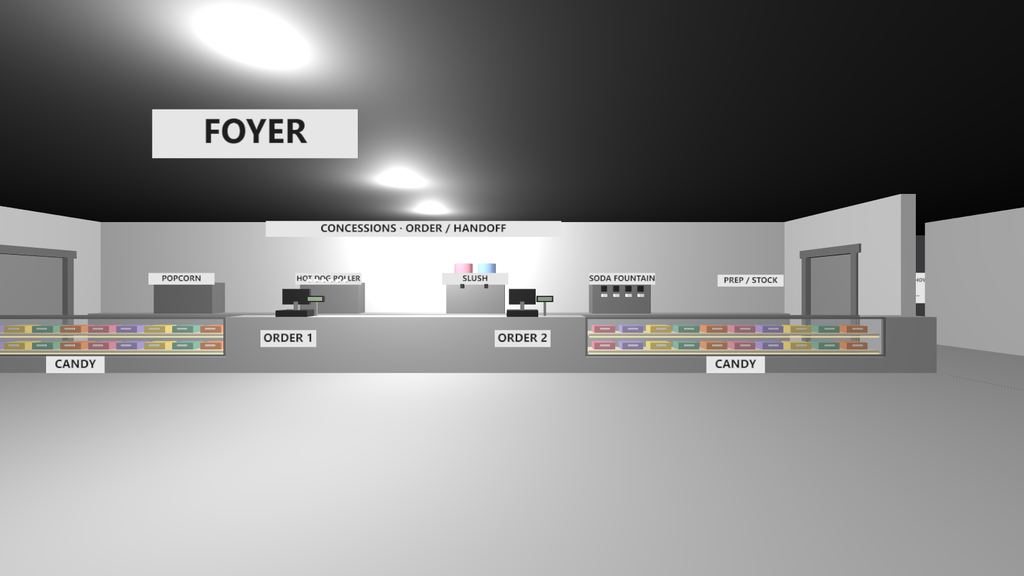 Game screenshot: the concession counter with popcorn, hot dog roller, slush and soda fountain stations