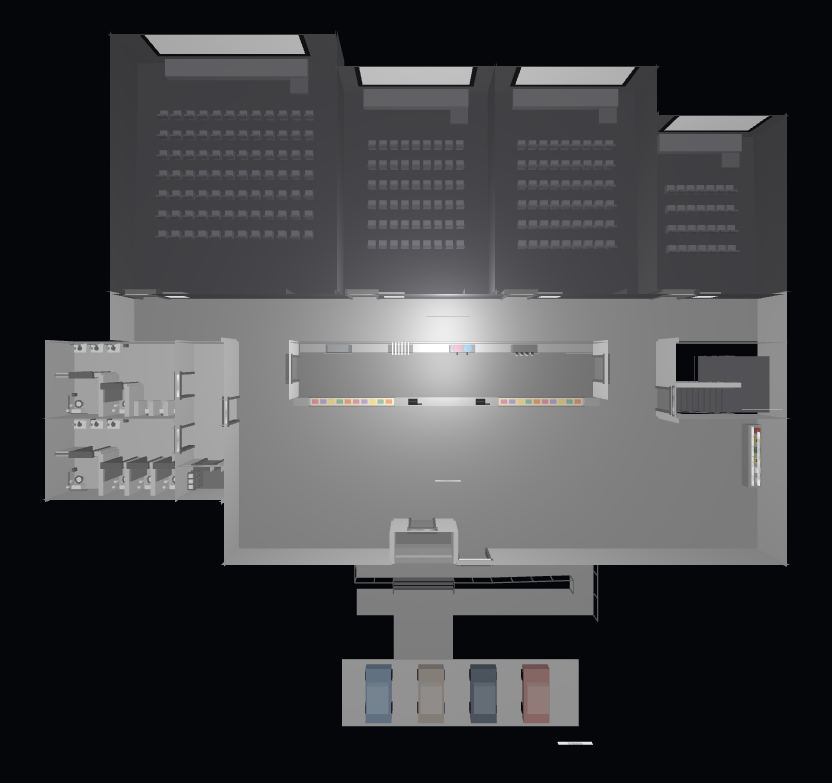 Game screenshot: top-down view of the whole building, with four auditoriums, the lobby, restrooms and parking